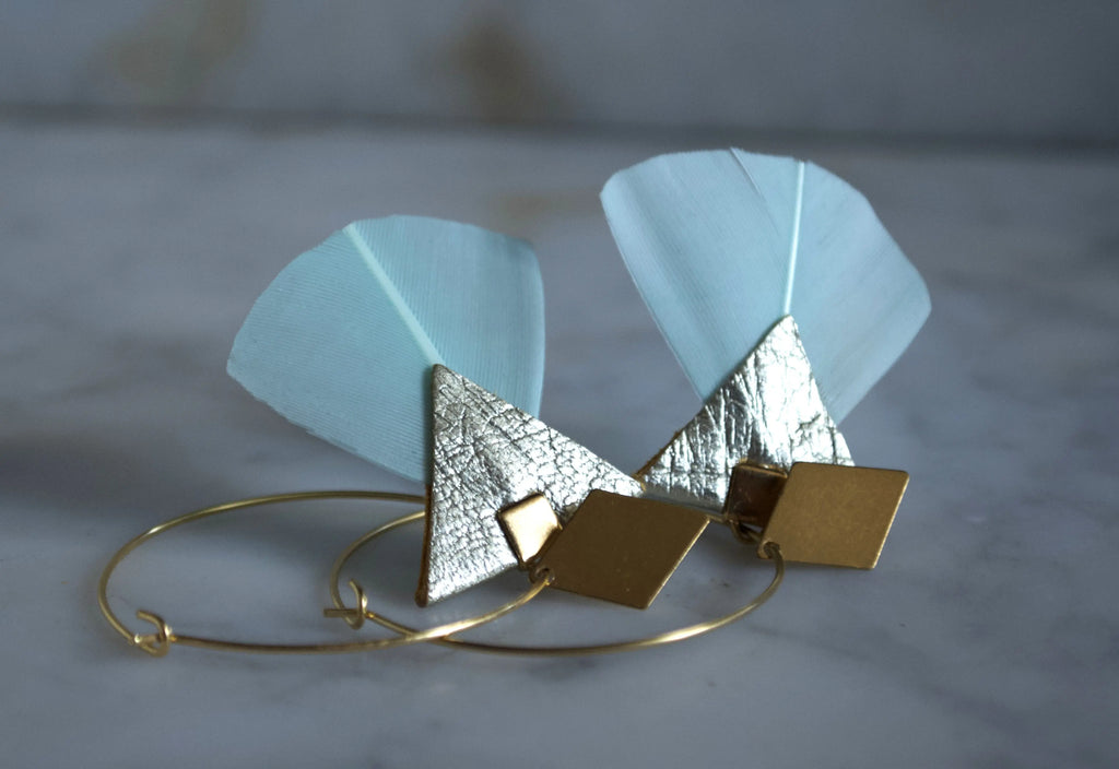 Boucles d'oreilles plumes oie carmel menthe 