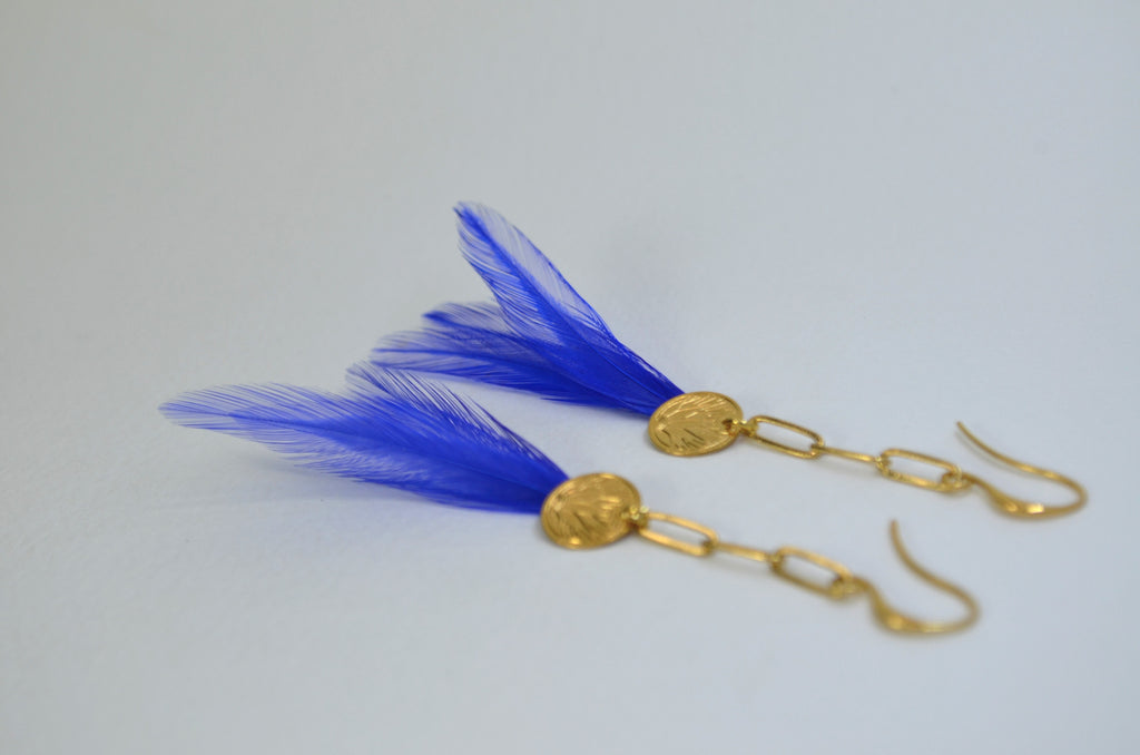 Boucles d'oreilles charm's plumes coq bleues