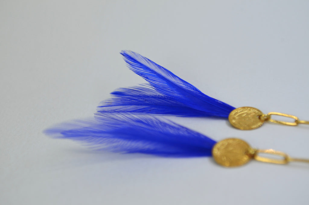 Boucles d'oreilles charm's plumes coq bleues