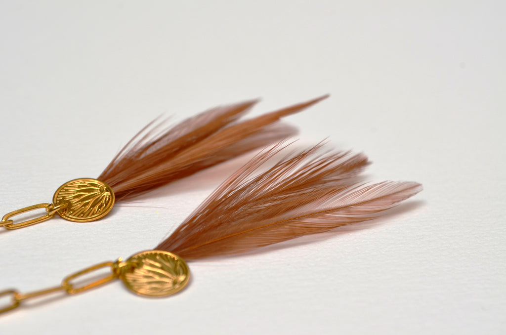 Boucles d'oreilles charm's plumes coq caramel