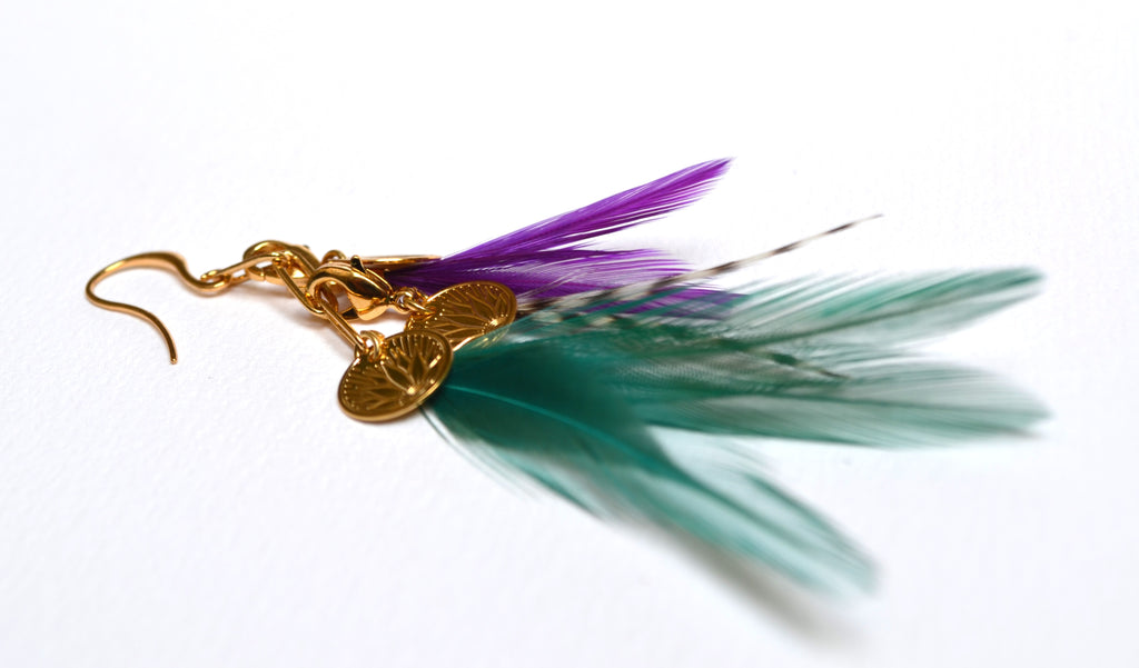 Boucles d'oreilles plumes coq émeraude