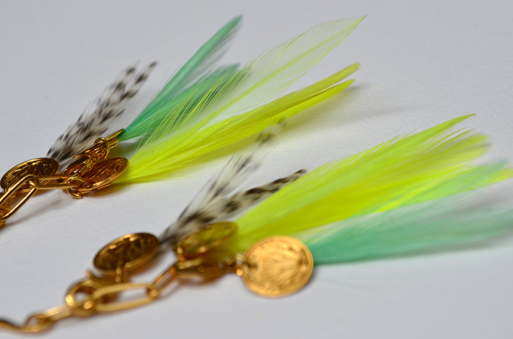 Boucles d'oreilles plumes coq jaune fluo