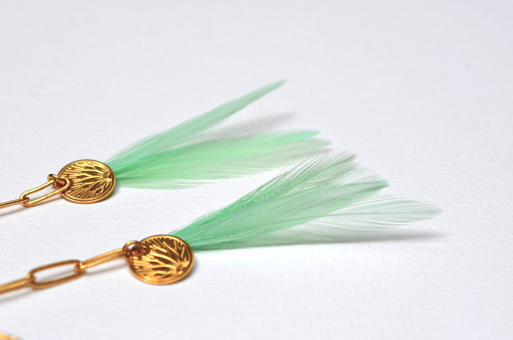 Boucles d'oreilles charm's plumes coq menthe