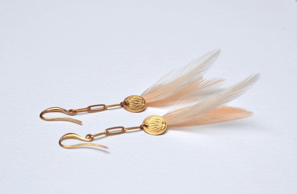 Boucles d'oreilles charm's plumes coq rose poudrée