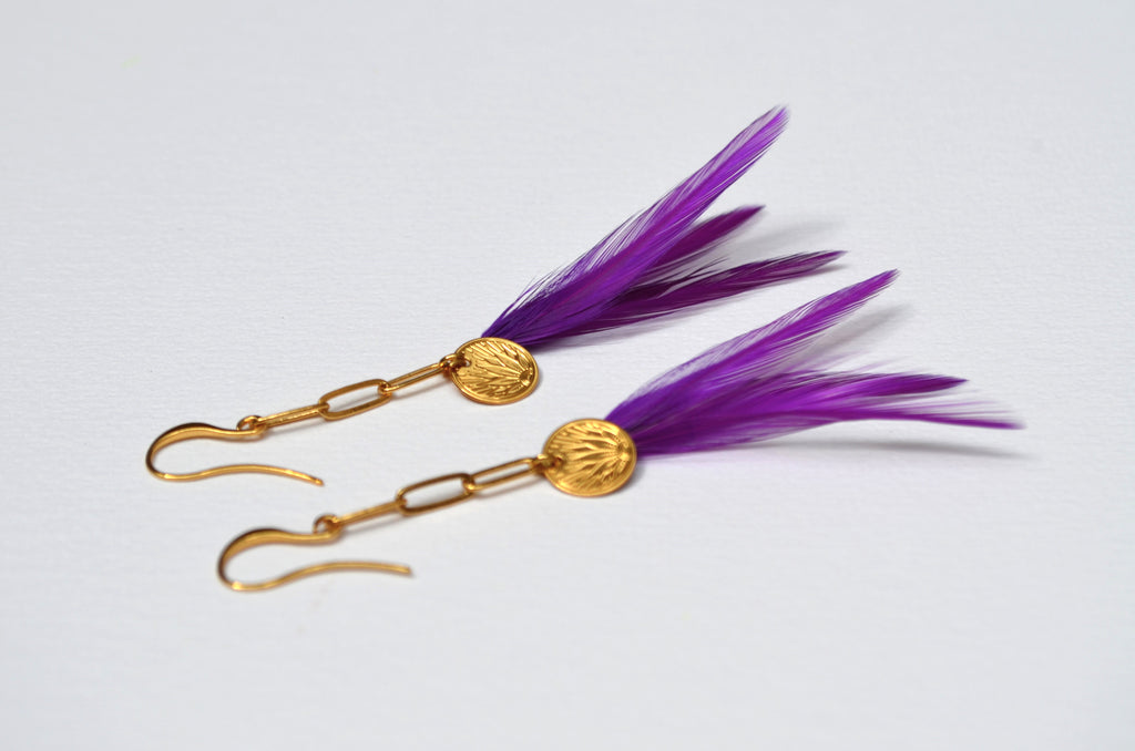Boucles d'oreilles charm's plumes coq violet