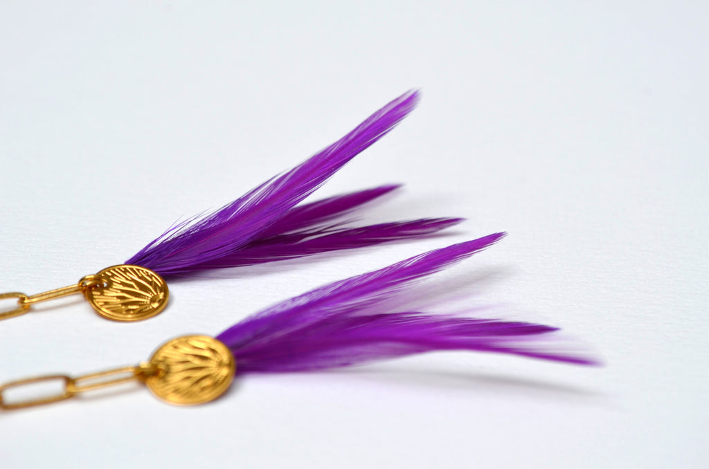Boucles d'oreilles charm's plumes coq violet