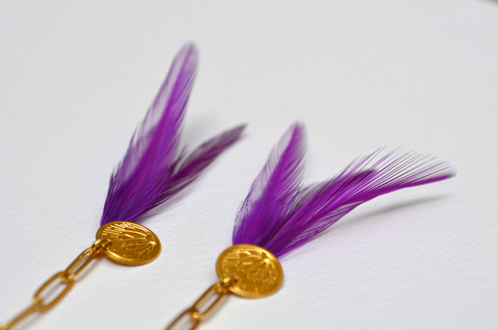 Boucles d'oreilles charm's plumes coq violet