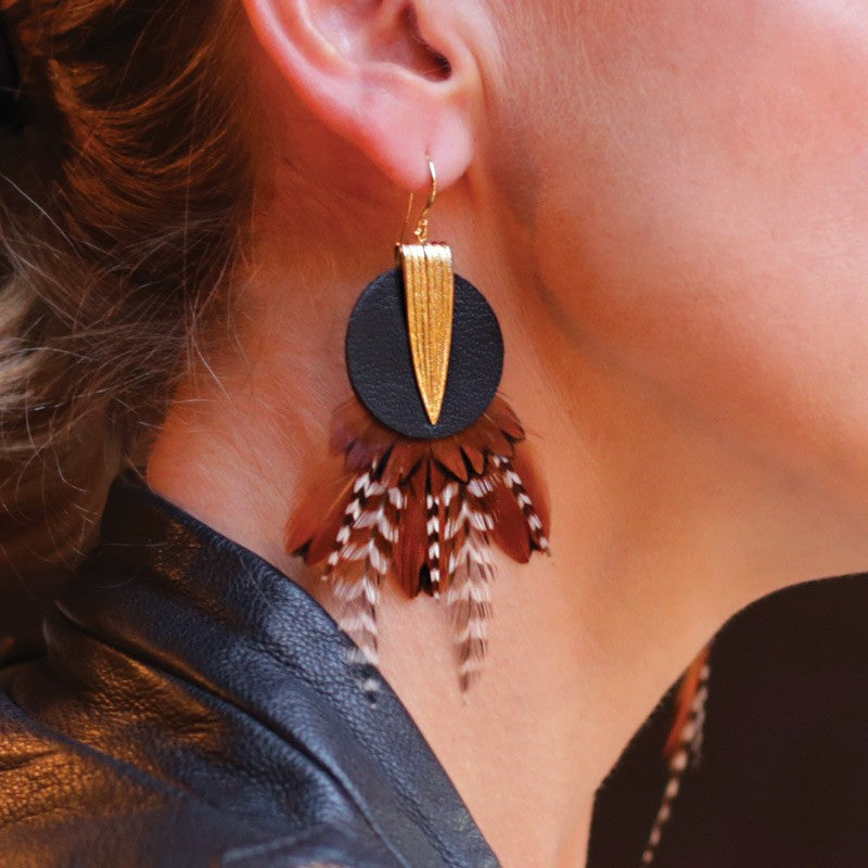 Boucles d'oreilles plumes faisan dunes noir
