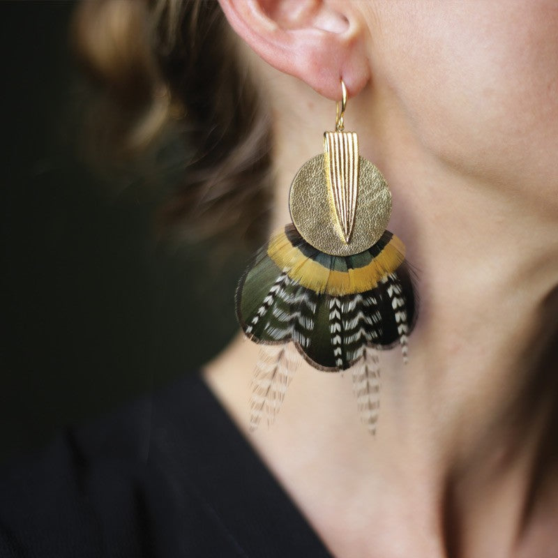 Boucles d'oreilles plumes faisan dunes or jaune