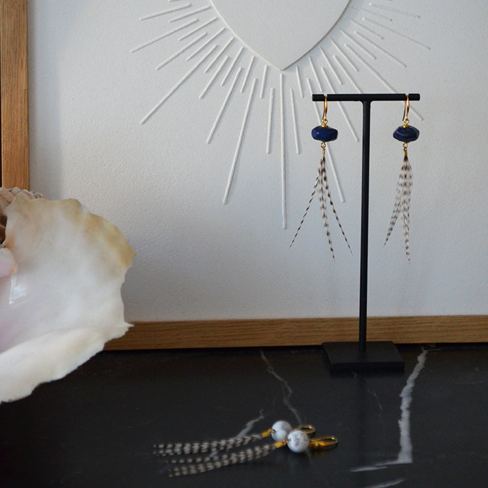 Boucles d'oreilles plumes coq azurite malachite