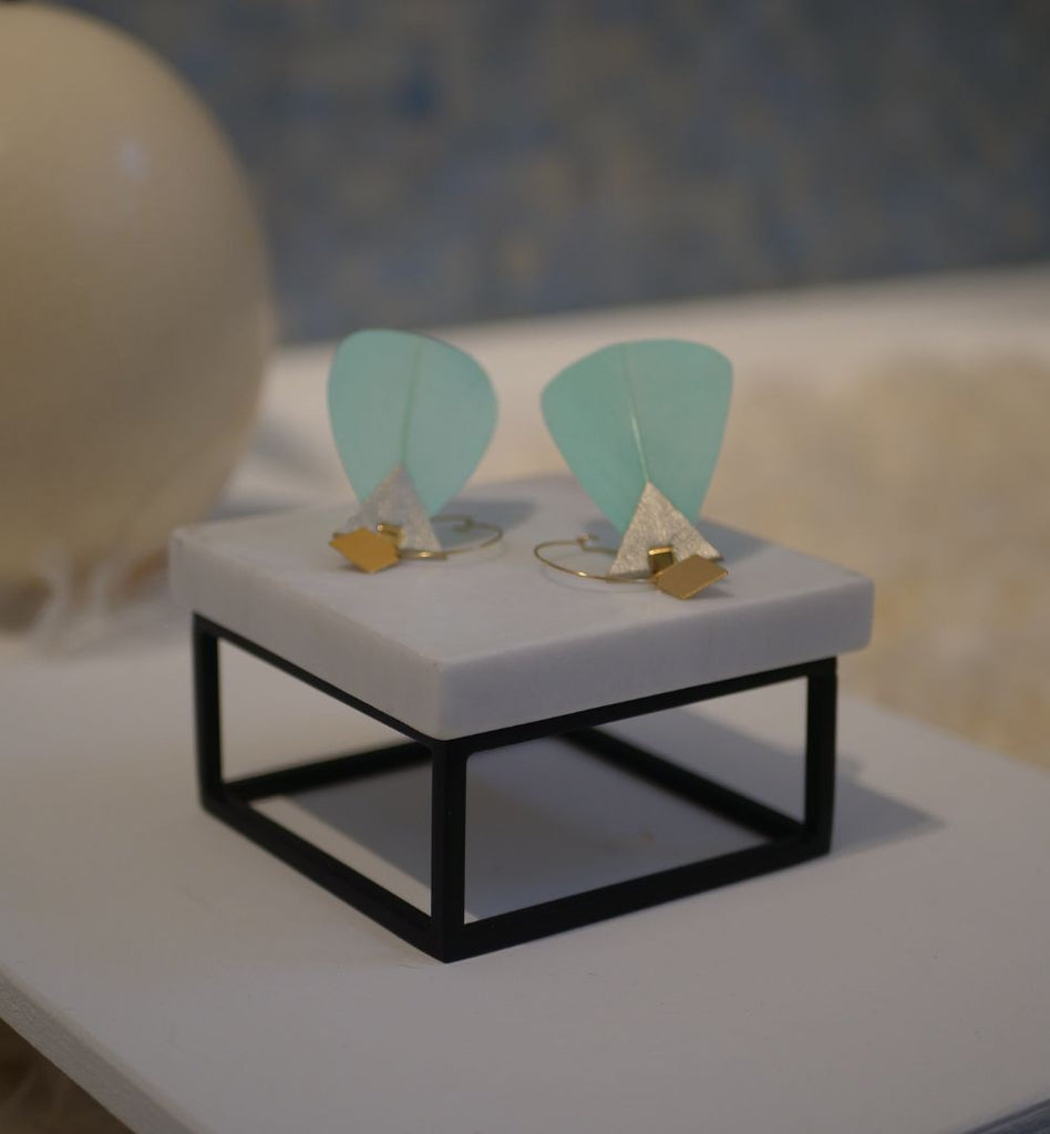 Boucles d'oreilles plumes oie carmel menthe