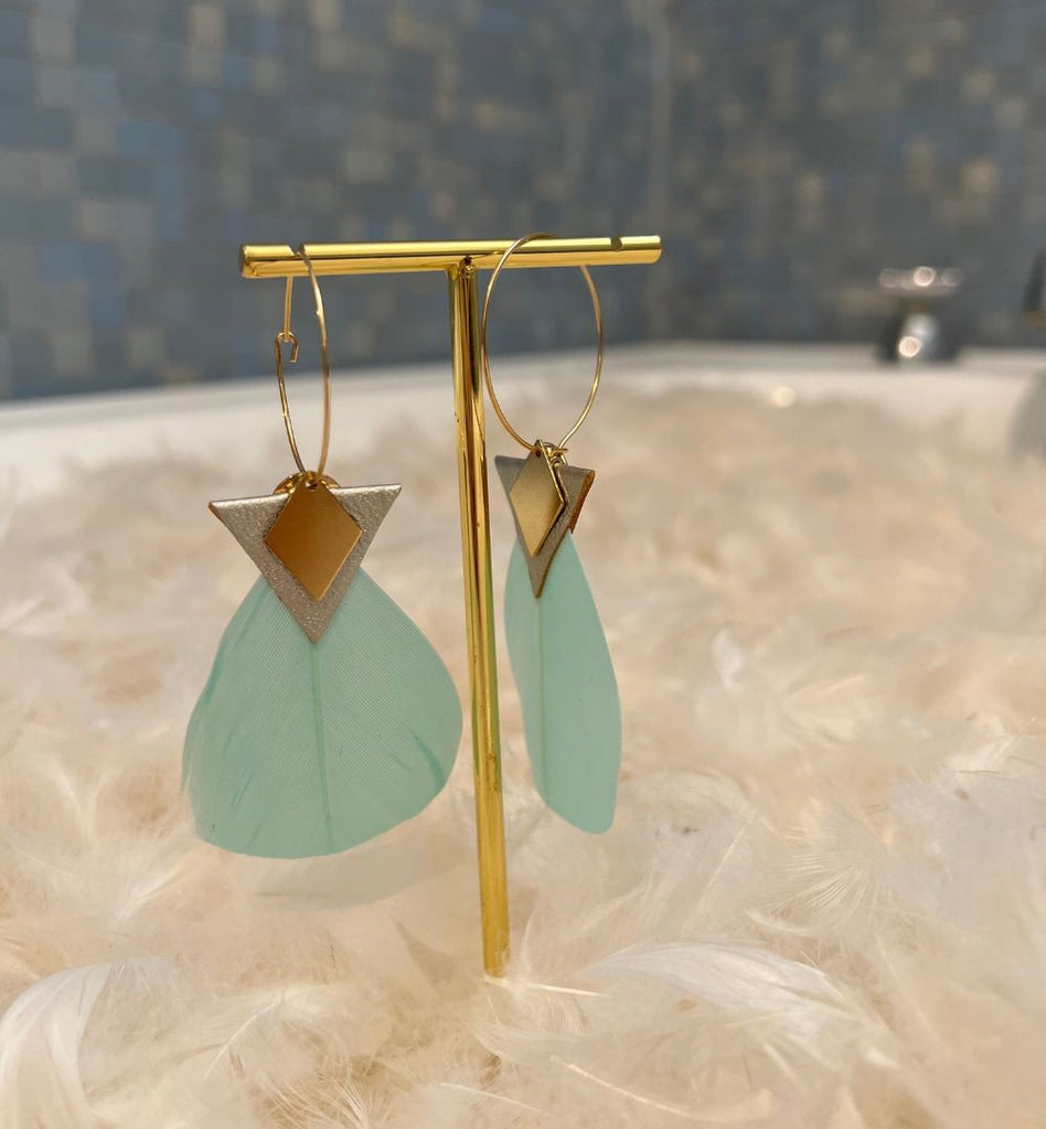 Boucles d'oreilles plumes oie carmel menthe
