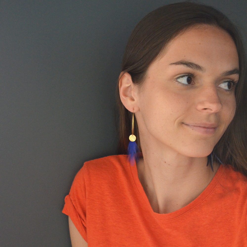 Boucles d'oreilles plumes coq créoles coq bleu