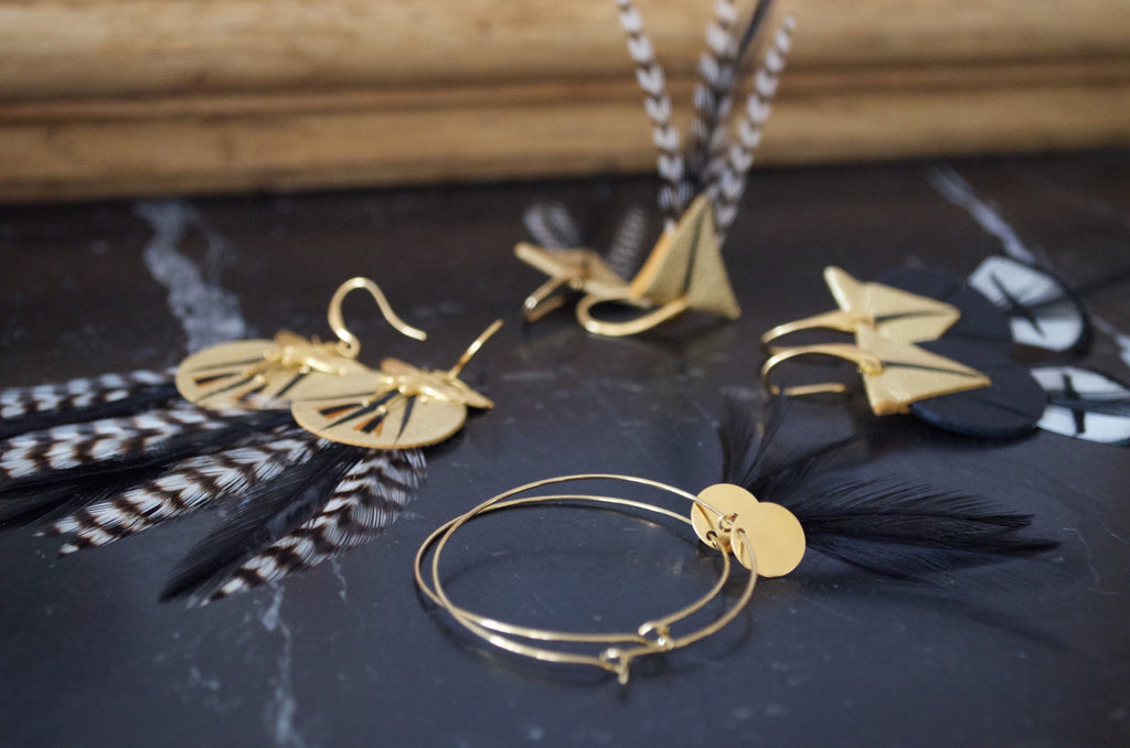 Boucles d'oreilles plumes coq créoles coq noir