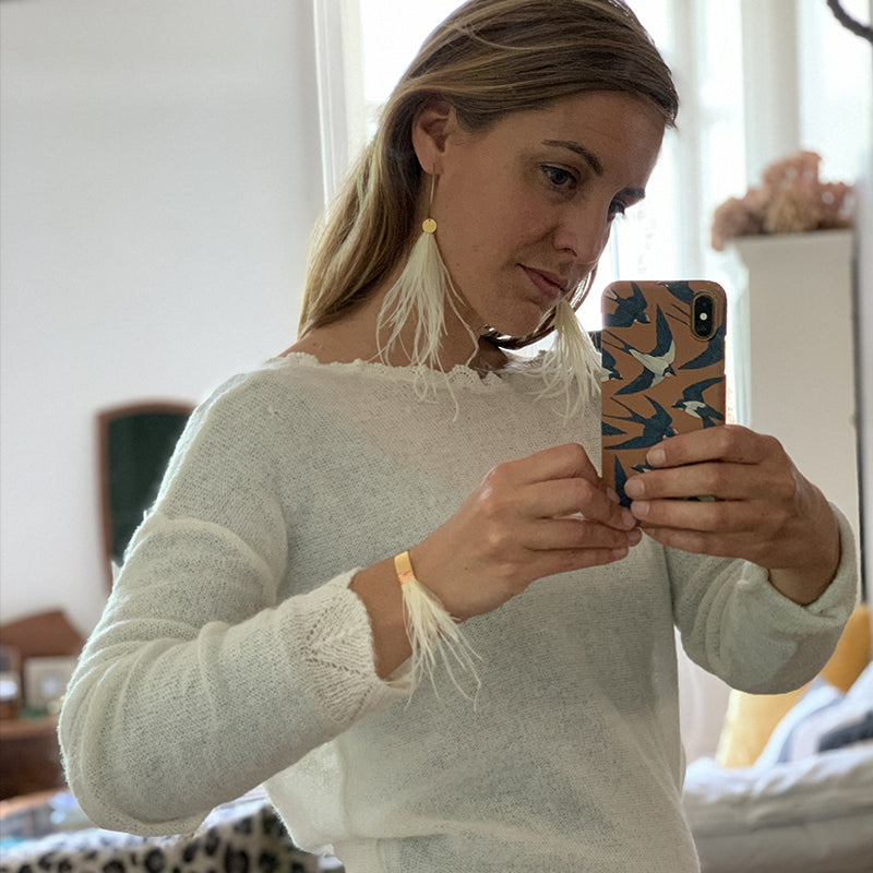 Boucles d'oreilles plumes autruche créoles sweet longues crème