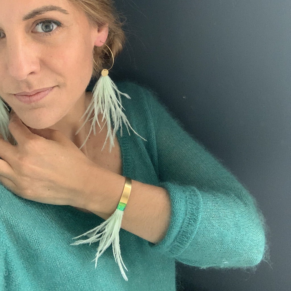 Boucles d'oreilles plumes autruche créoles sweet longues menthe