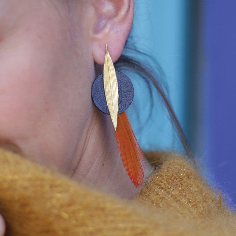 Boucles d'oreilles plumes faisan kasai graphite