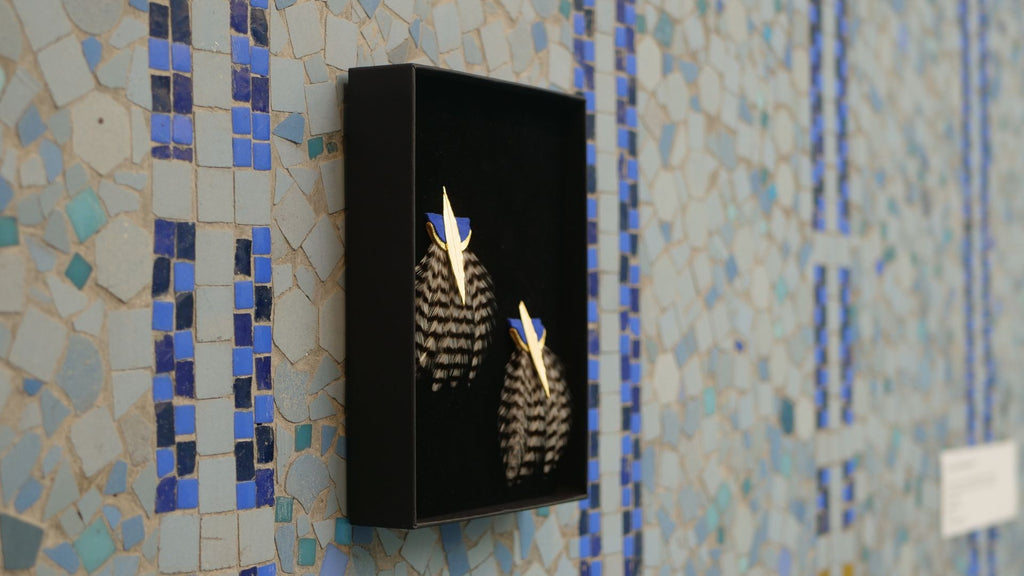 Boucles d'oreilles plumes coq lyre bleu