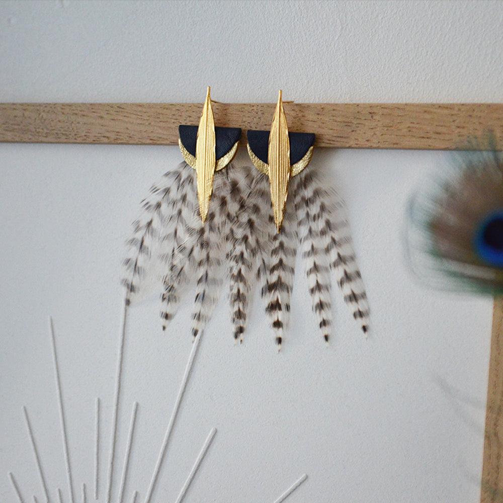 Boucles d'oreilles plumes coq lyre bleu nuit