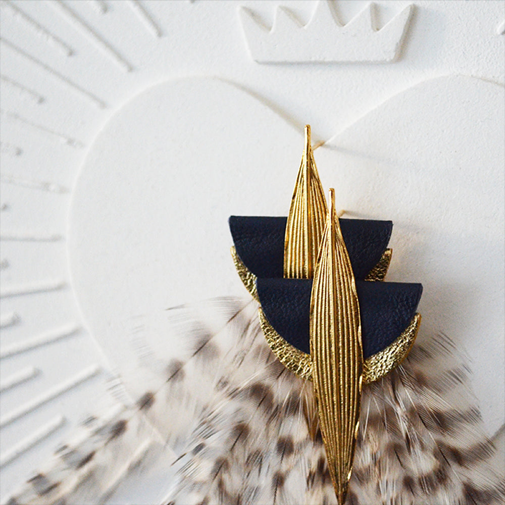 Boucles d'oreilles plumes coq lyre bleu nuit