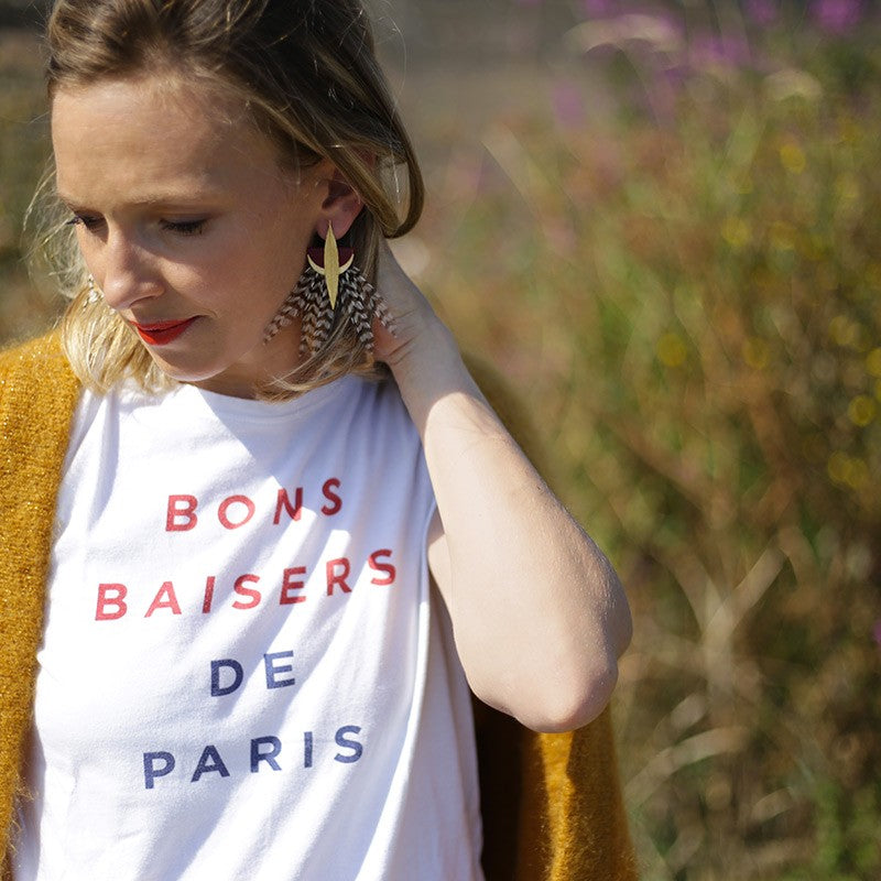 Boucles d'oreilles plumes coq lyre bordeaux