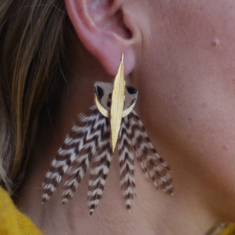 Boucles d'oreilles plumes coq lyre panthère