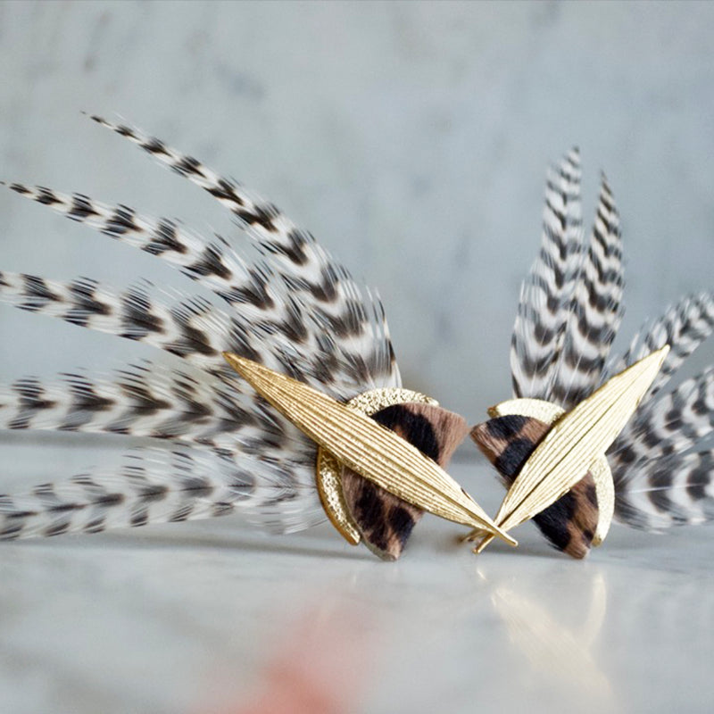 Boucles d'oreilles plumes coq lyre panthère