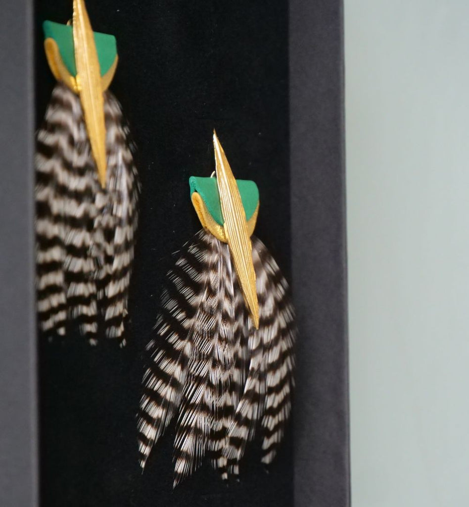 Boucles d'oreilles plumes coq lyre vert