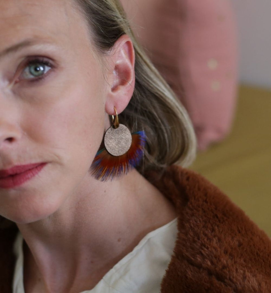 Boucles d'oreilles plumes faisan mondrian bronze