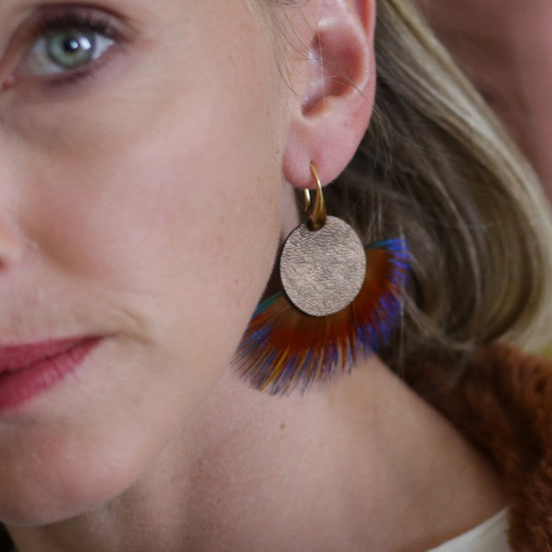 Boucles d'oreilles plumes faisan mondrian or jaune