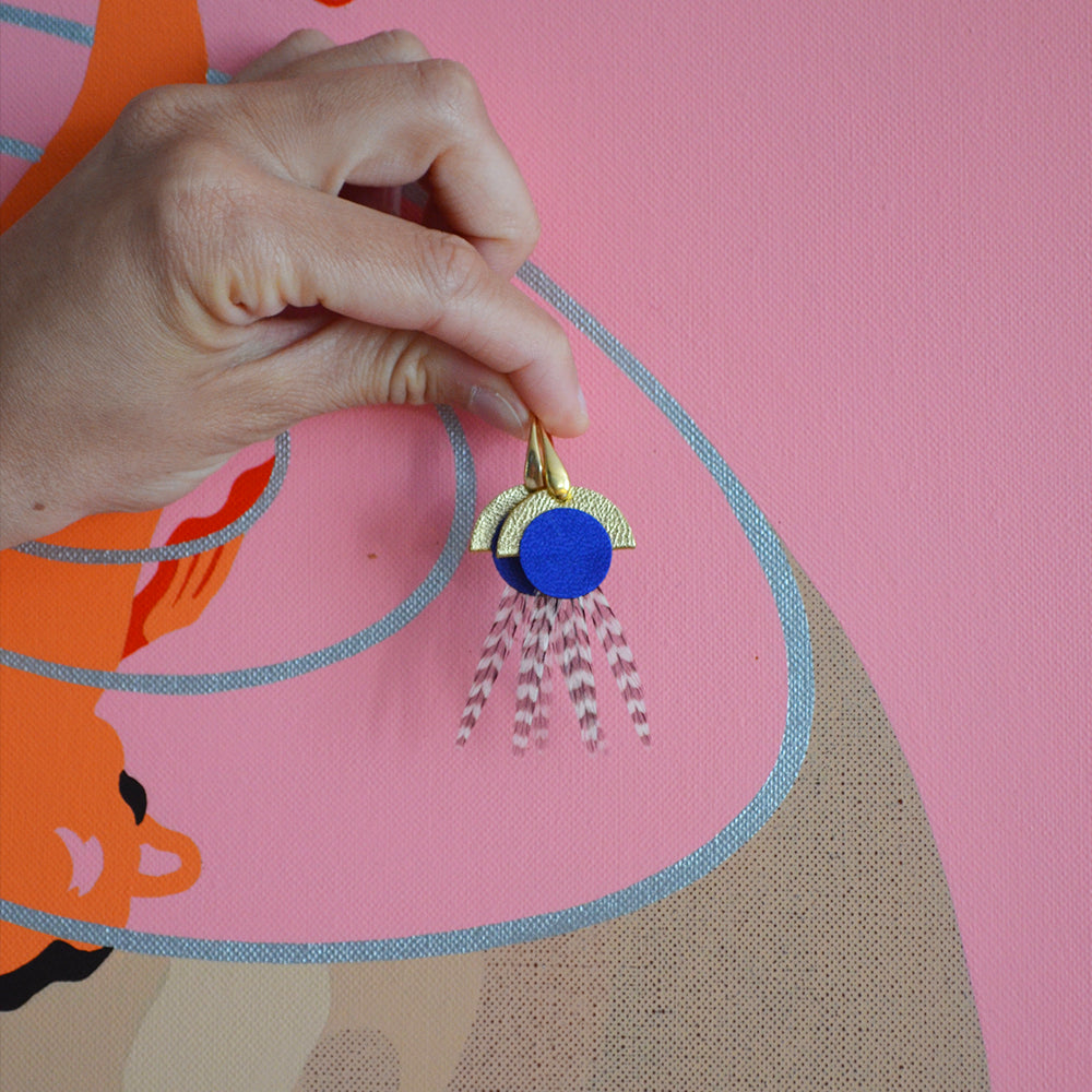 Boucles d'oreilles plumes coq naïades bleu