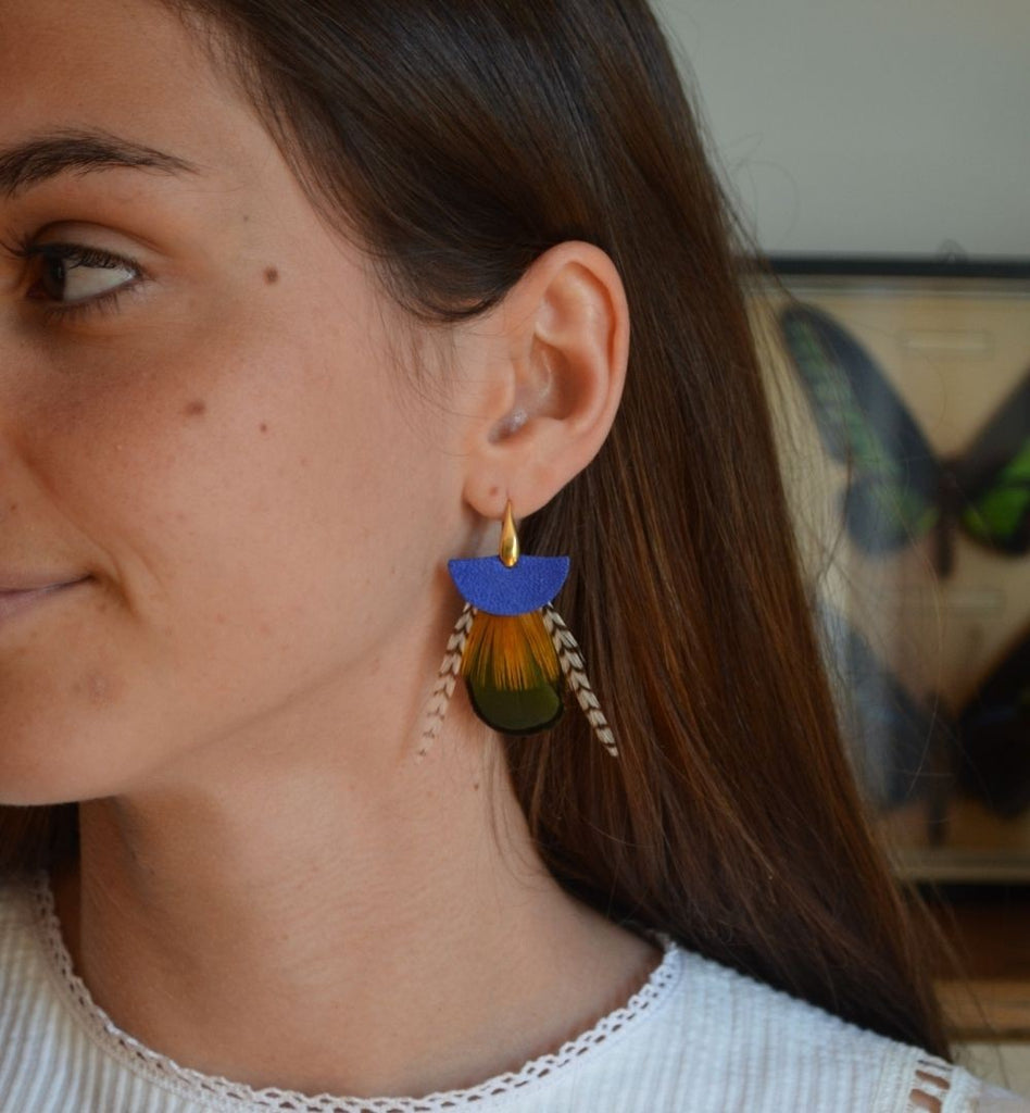 Boucles d'oreilles plumes paon nomades bleu