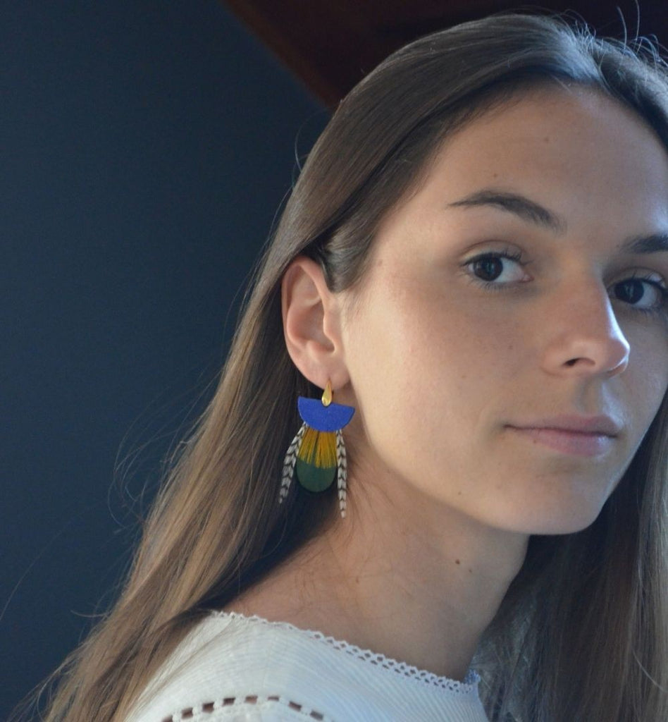 Boucles d'oreilles plumes paon nomades bleu