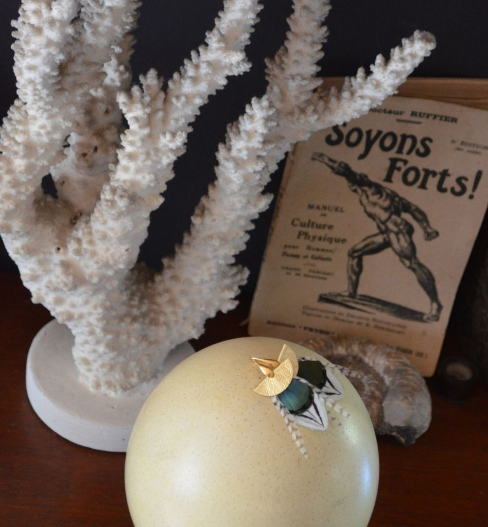 Boucles d'oreilles plumes paon nomades or jaune