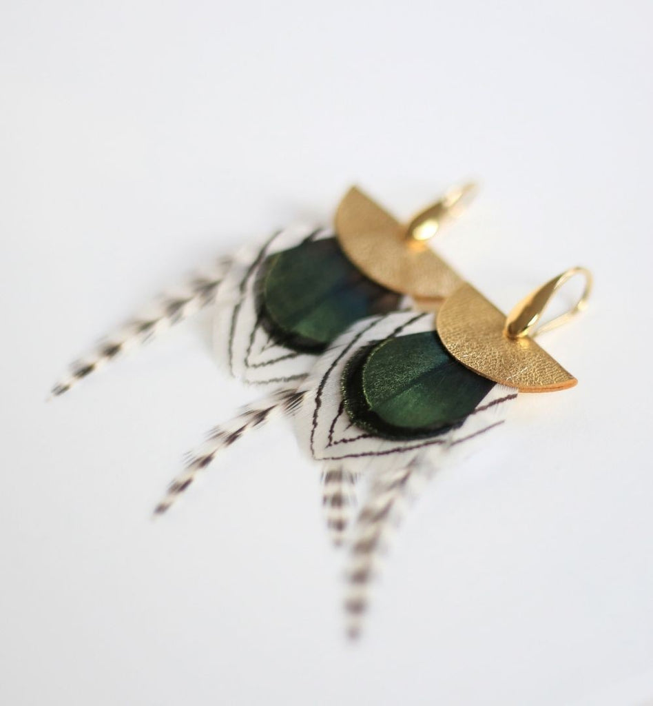 Boucles d'oreilles plumes paon nomades or jaune