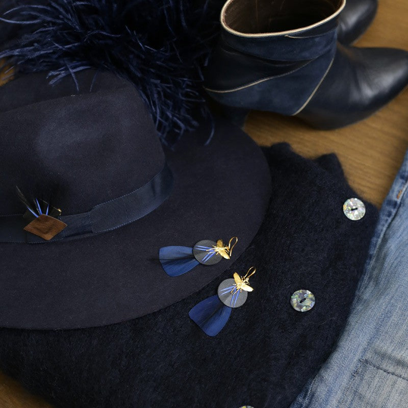 Boucles d'oreilles plumes nymphea bleu