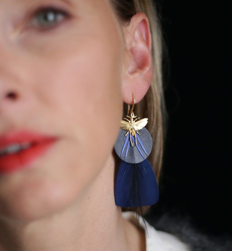 Boucles d'oreilles plumes oie nymphea bleu