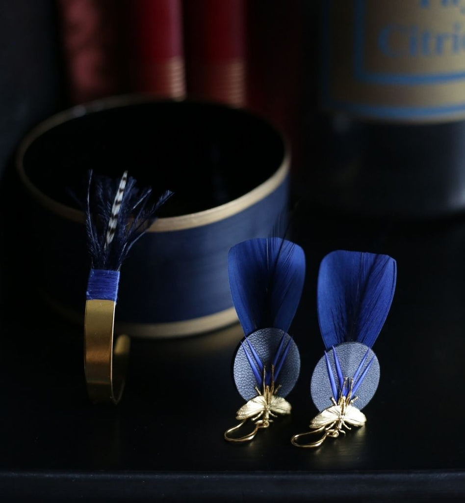 Boucles d'oreilles plumes oie nymphea bleu