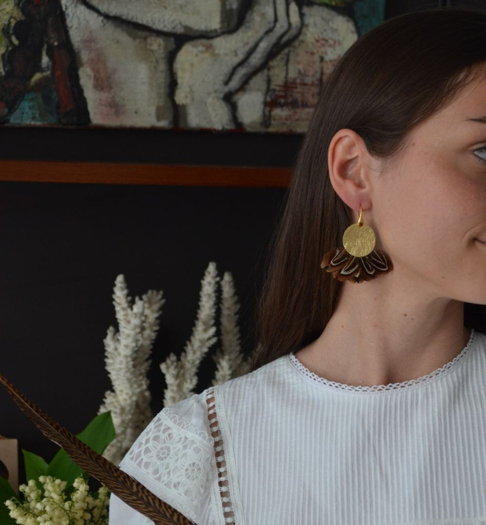 Boucles d'oreilles plumes faisan pheadra or