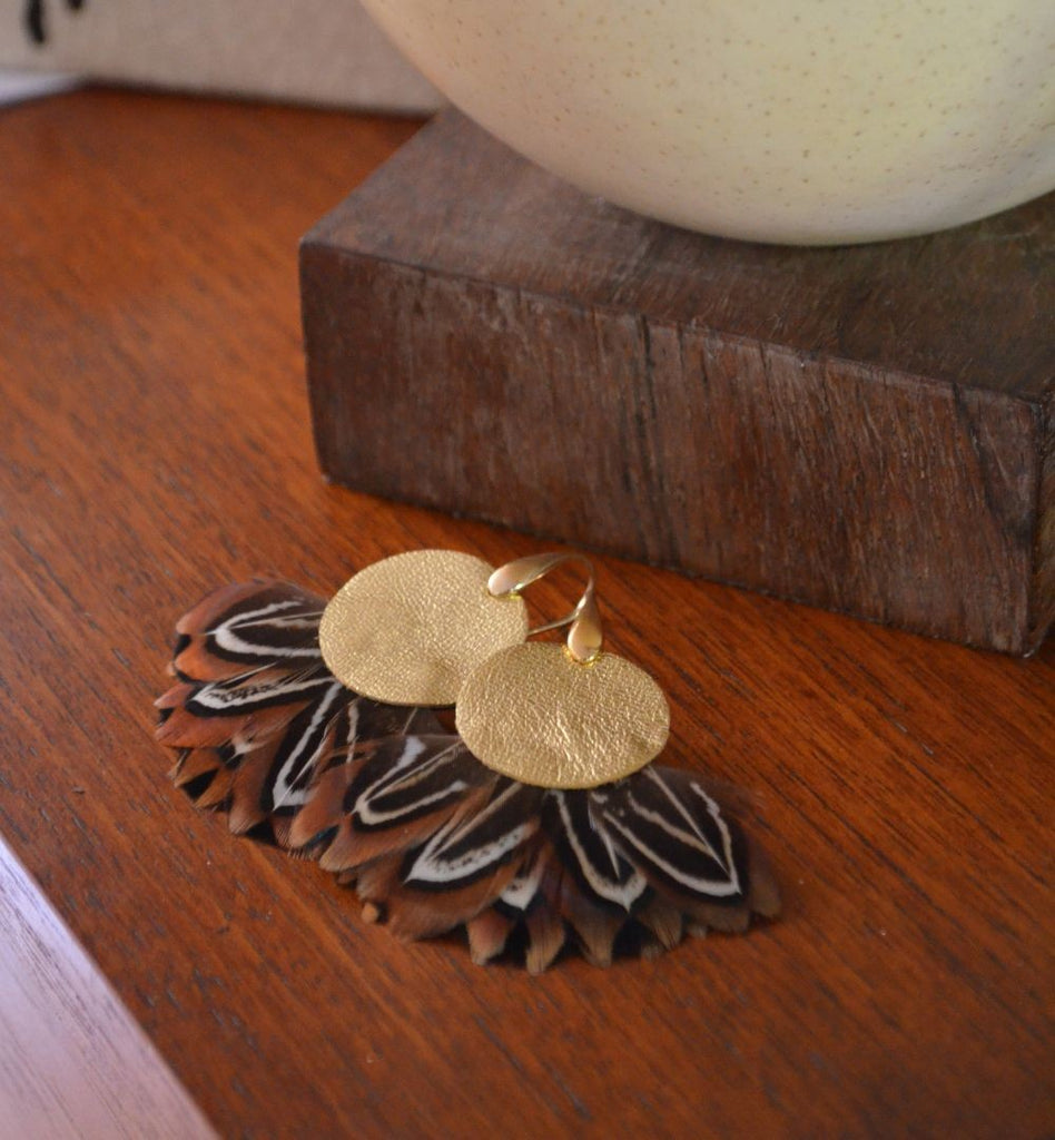 Boucles d'oreilles plumes faisan pheadra or