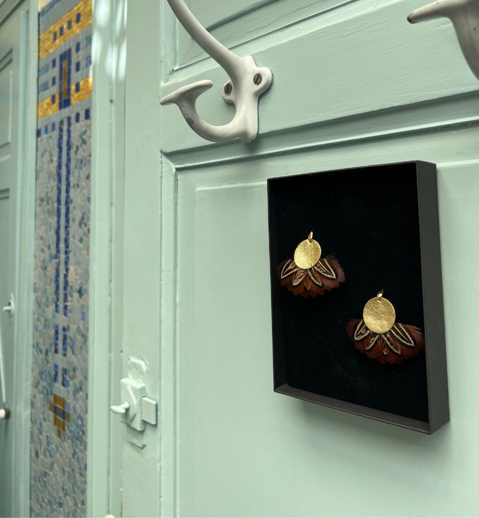 Boucles d'oreilles plumes faisan pheadra or