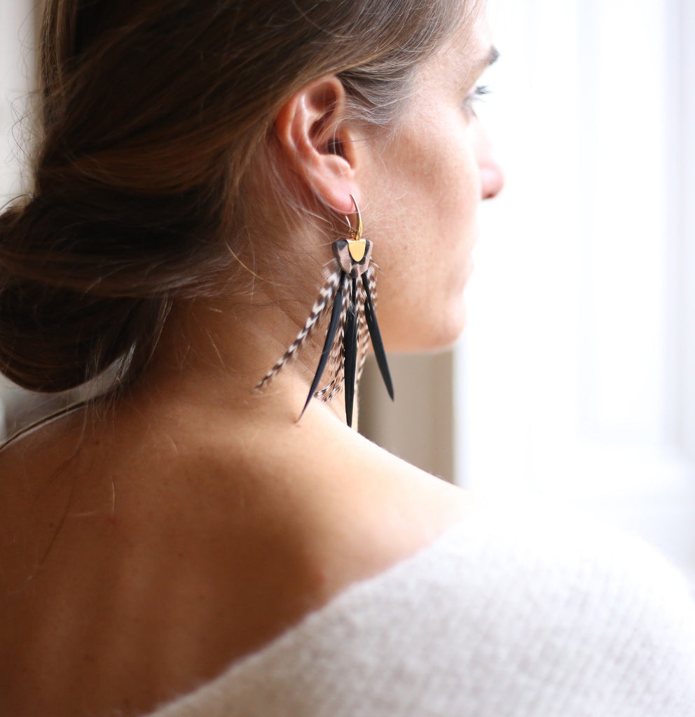 Boucles d'oreilles plumes oie byzance panthère noir