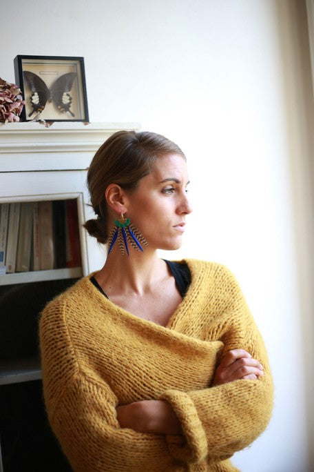 Boucles d'oreilles plumes oie byzance vert bleu