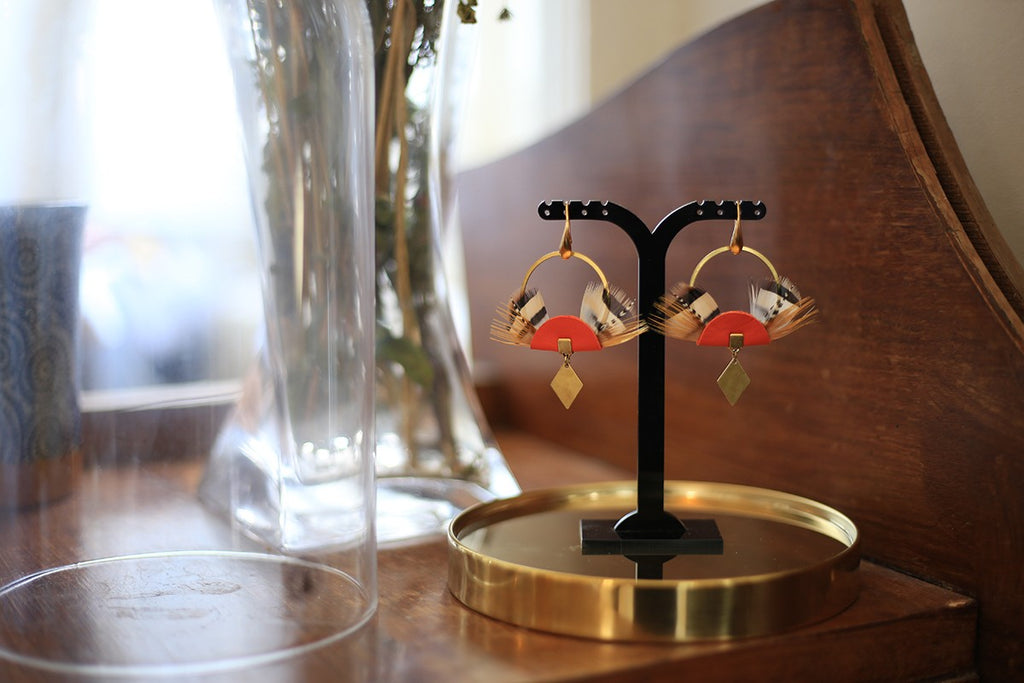 Boucles d'oreilles plumes perdrix sakura orange