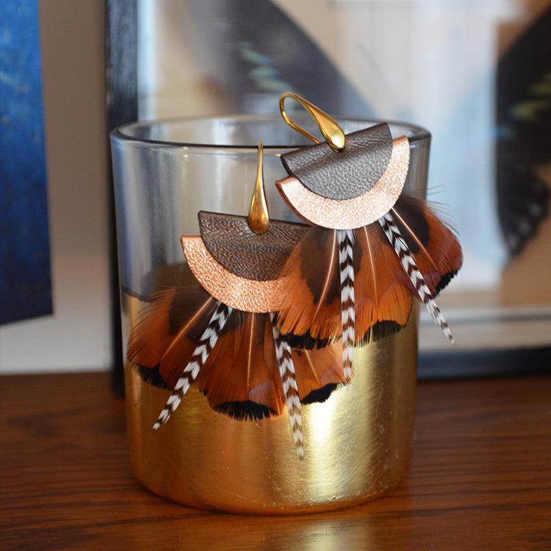 Boucles d'oreilles plumes faisan terracotta