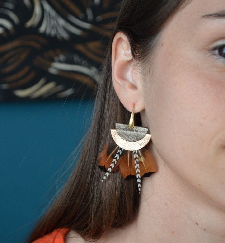 Boucles d'oreilles plumes faisan terracotta