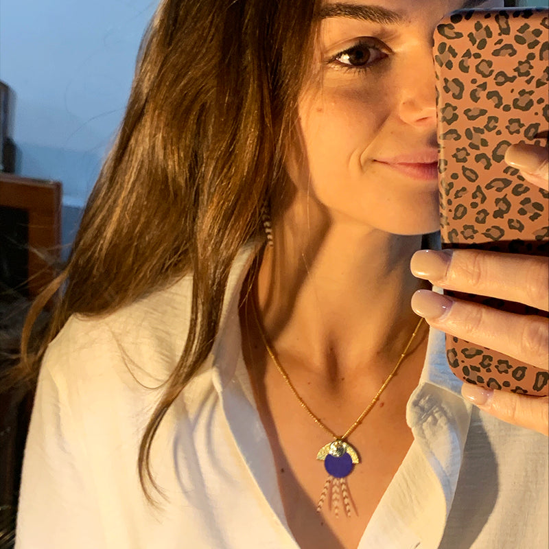 Collier plumes coq naïades bleu